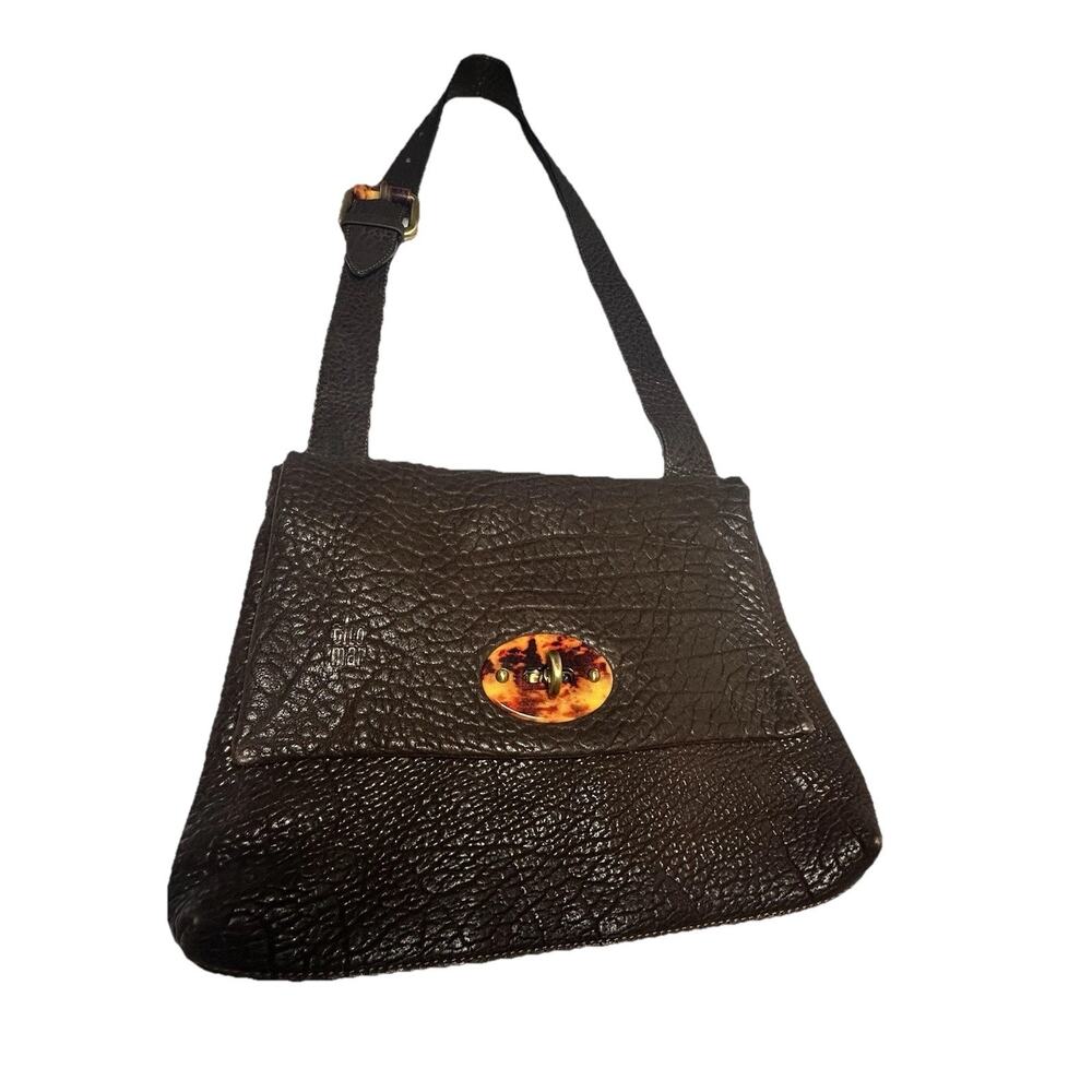 Rare Tilo Mar Pebble Bison Hide Turn Lock Top Cross Body Shoulder Belt Strap Bag